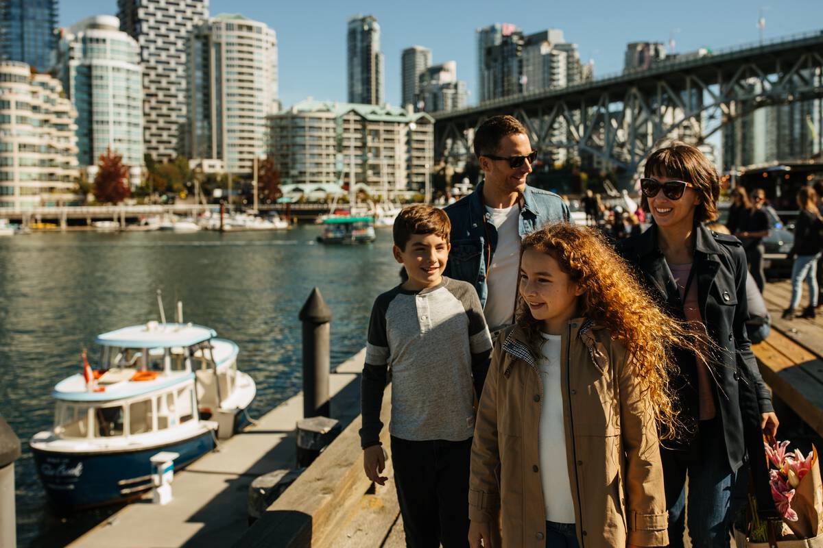 Family walking outside at Granville Island