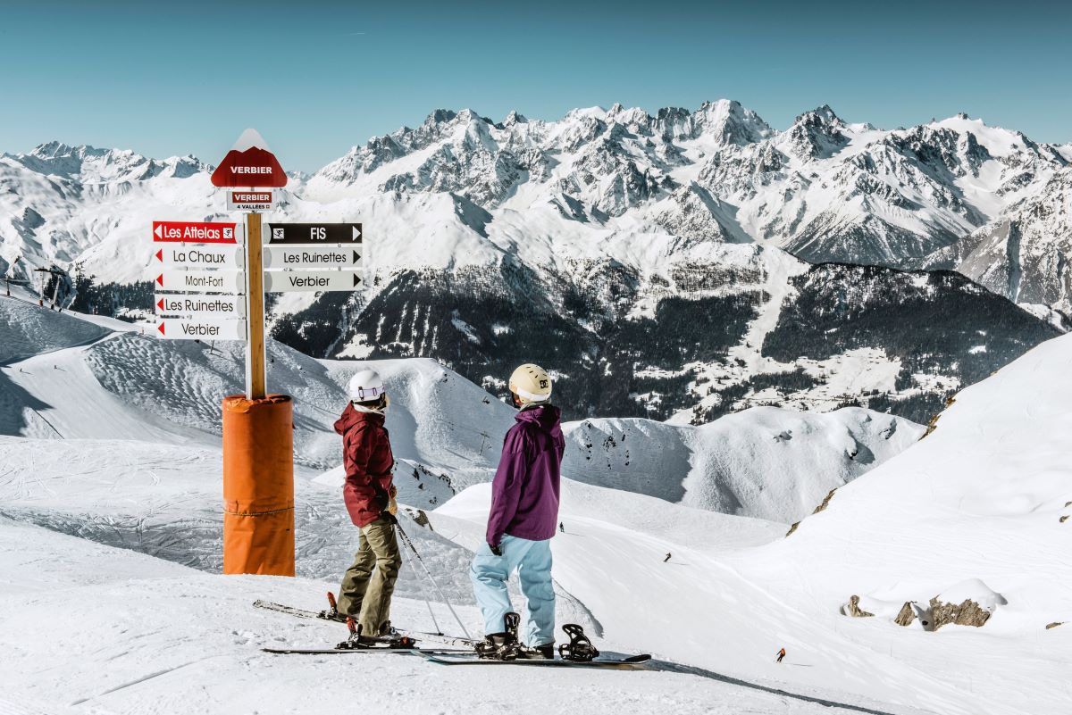 Skiers standing by a signpost looking over the mountain views in Verbier - Insider Guide