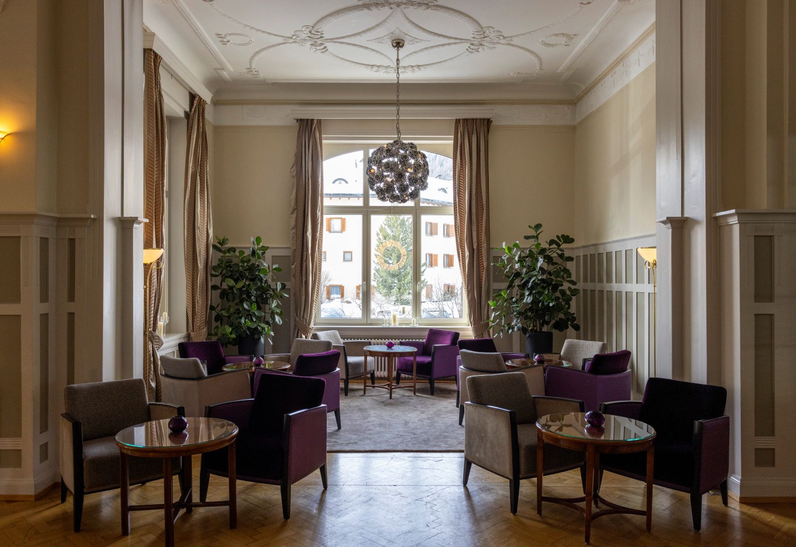 Hotel Cresta Palace, St Moritz - lounge bar with large windows and period features