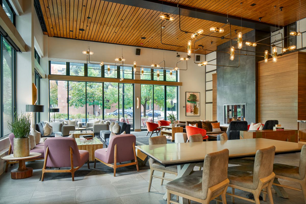 Limelight Aspen - colourful lobby with floor to ceiling windows