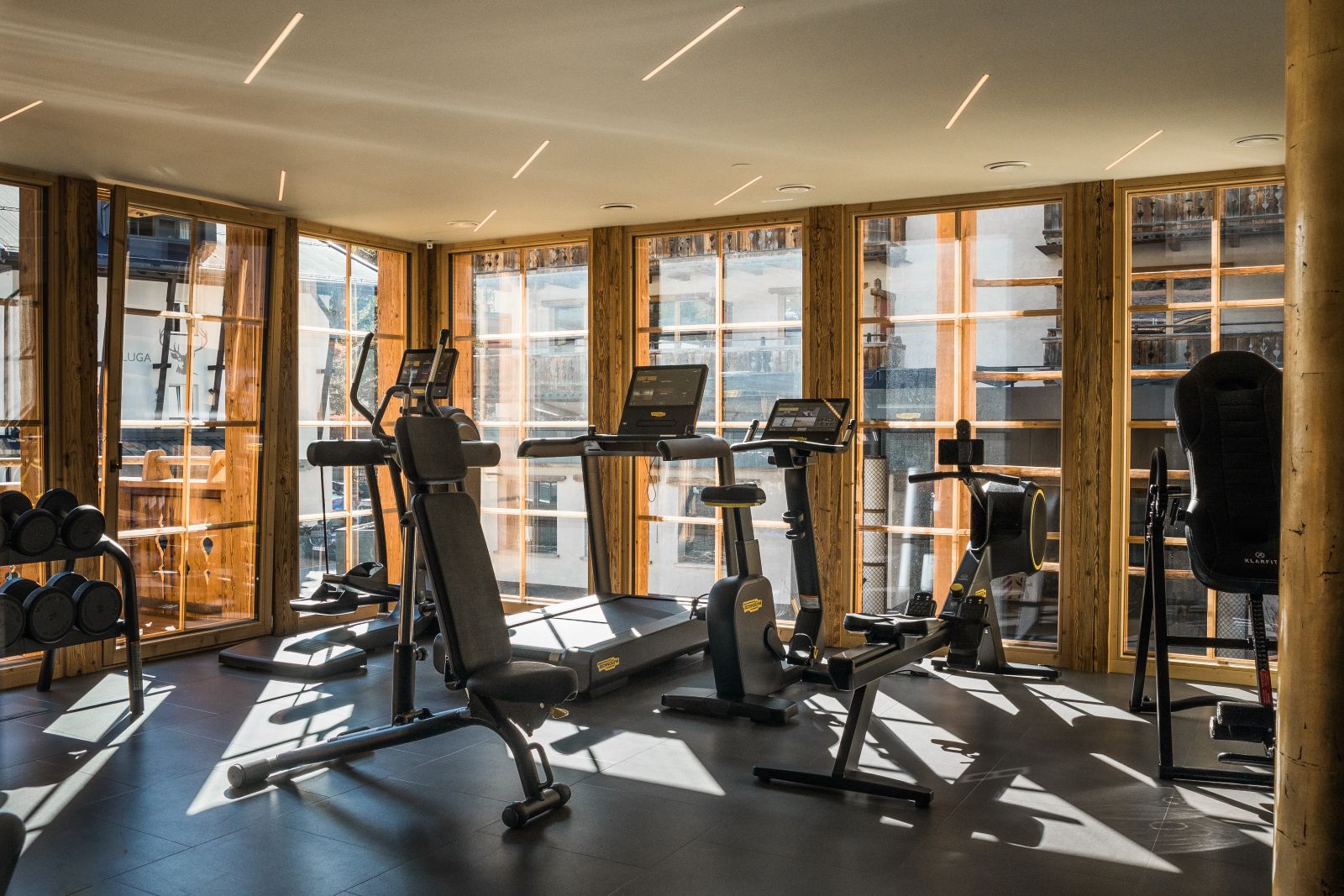 Raffl’s Tyrol Hotel, St Anton - fitness room with floor to ceiling windows
