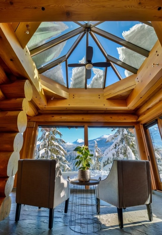 Totem Chalet, Whistler, glass roof, snowy trees, view