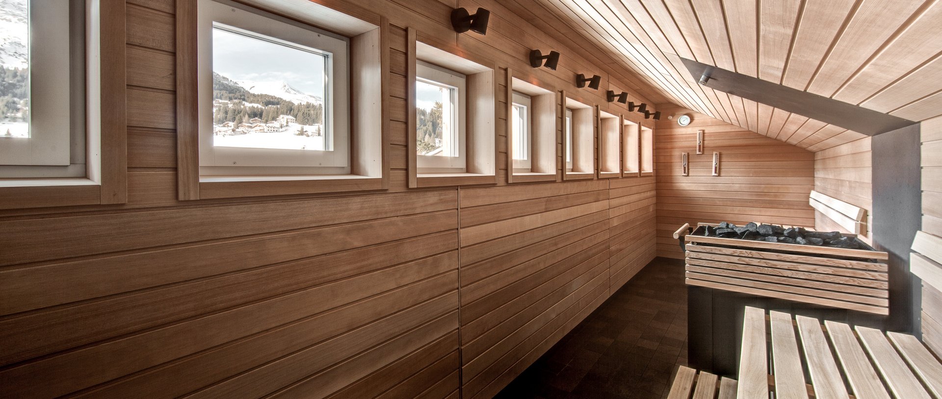 Valbella Resort Lenzerheide - wooden sauna with mountain views